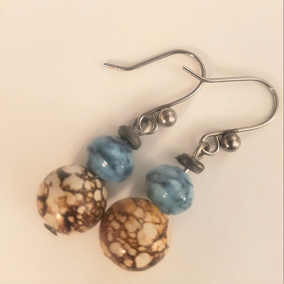 Handmade semiprecious drop earrings turquoise and brown - Picture 1 of 2